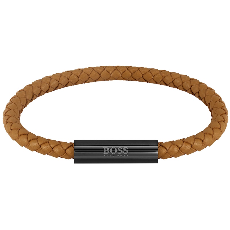 BOSS Braided Men's Woven Brown Leather 7 Inch Bracelet