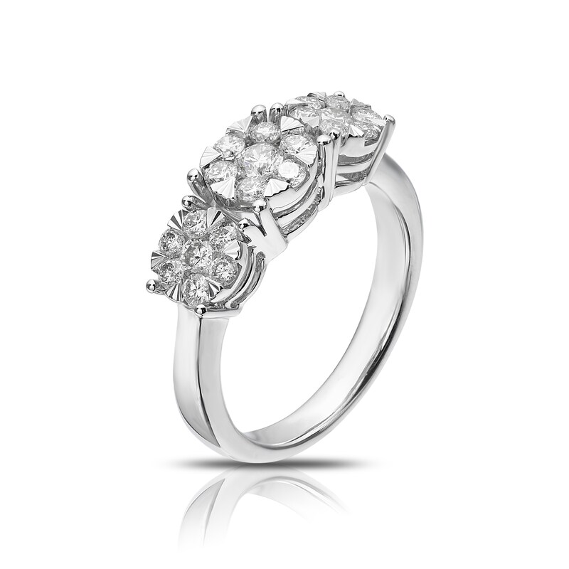 9ct White Gold 0.75ct Total Diamond Cluster Trilogy Ring