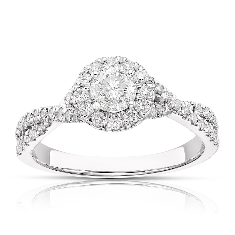 Main Image 1 of Engagement Ring 18ct White Gold 0.75ct Total Diamond Round Halo Ring