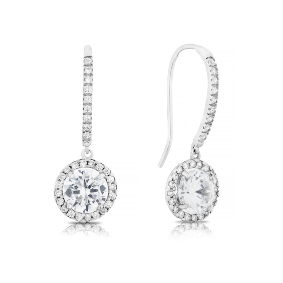 9ct White Gold Cubic Zirconia Round Halo Drop Earrings