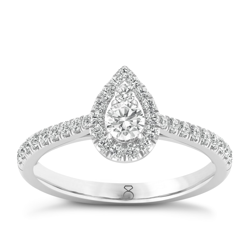 The Diamond Story Platinum 0.50ct Diamond Pear Halo Ring