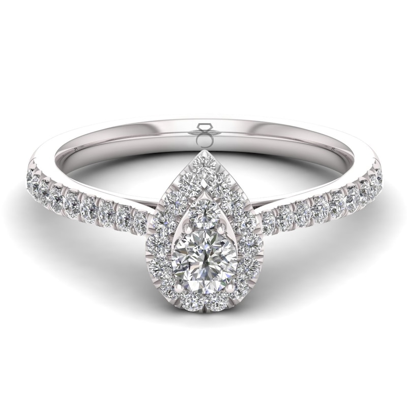 The Diamond Story Platinum 0.50ct Diamond Pear Halo Ring