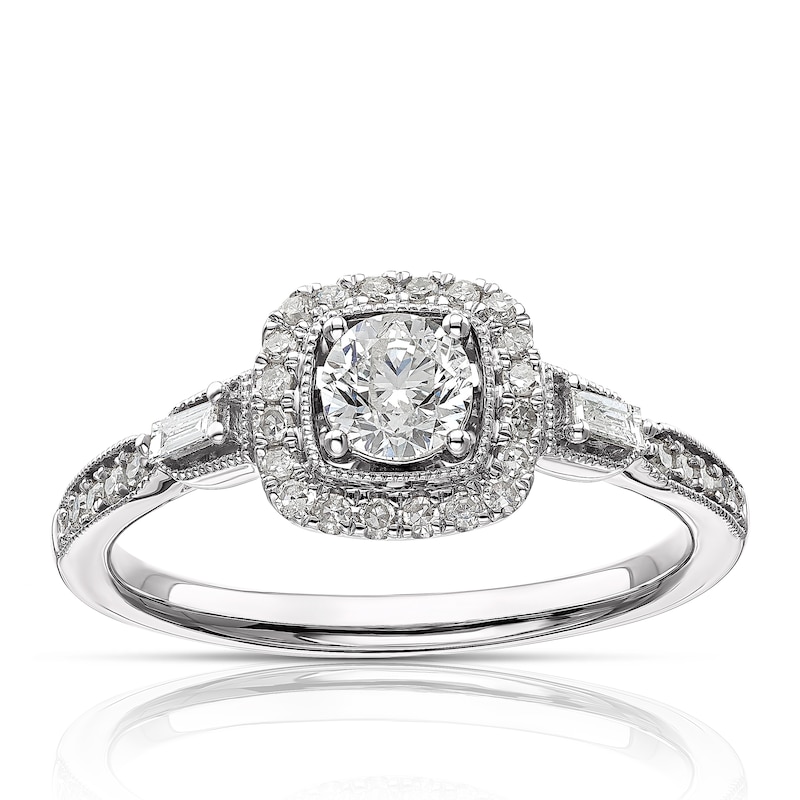 Main Image 1 of Engagement Ring 9ct White Gold 0.50ct Total Diamond Cushion Halo Ring