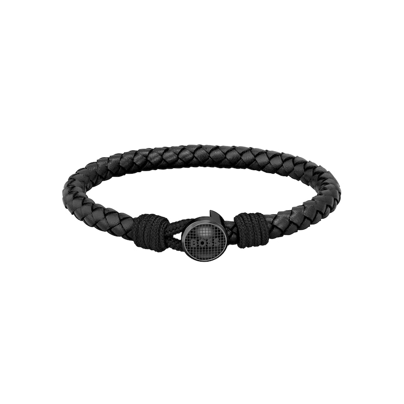 BOSS Thad Classic Men's Braided Black Leather 7 Inch Bracelet