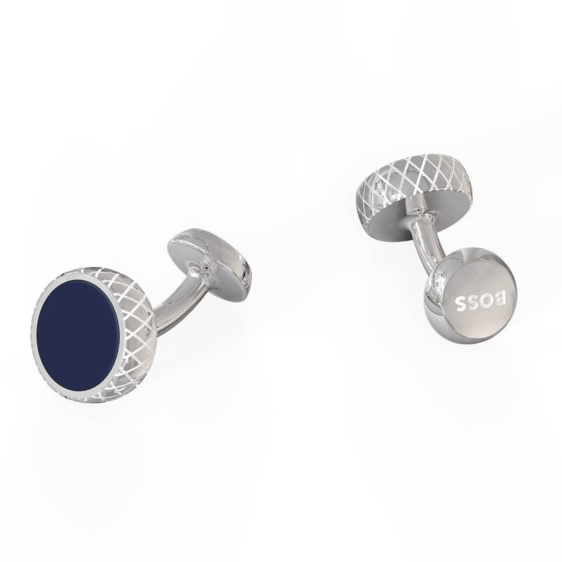 BOSS Men's Silver Tone Blue Enamel Circle Cufflinks Ernest Jones
