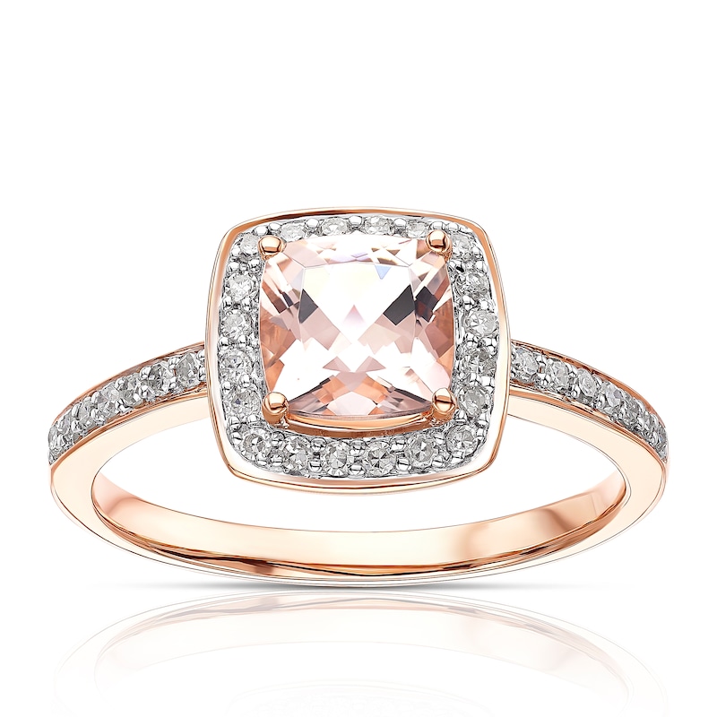 Main Image 1 of 9ct Rose Gold Morganite 0.20ct Diamond Halo Cushion Cut Ring