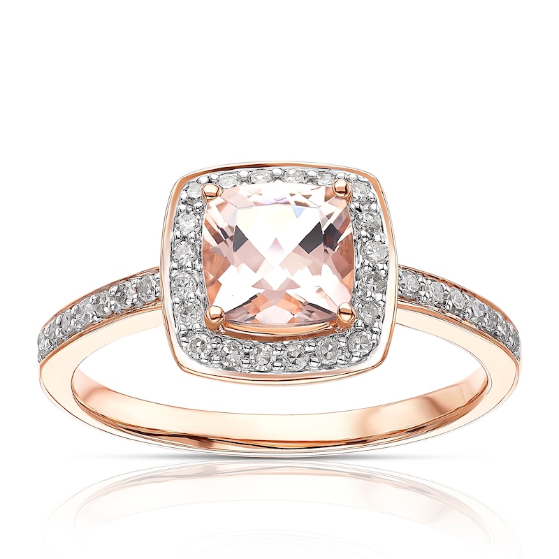 9ct Rose Gold Morganite 0.20ct Diamond Halo Cushion Cut Ring