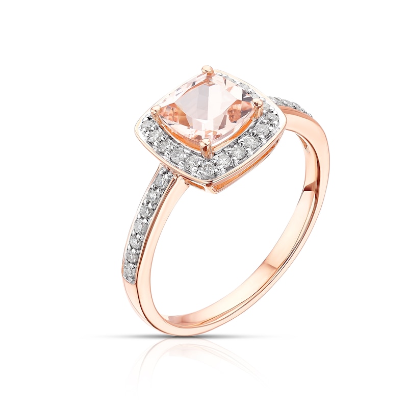 9ct Rose Gold Morganite 0.20ct Diamond Halo Cushion Cut Ring