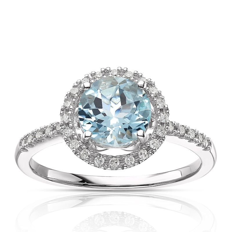 9ct White Gold Aquamarine 0.10ct Diamond Halo Ring