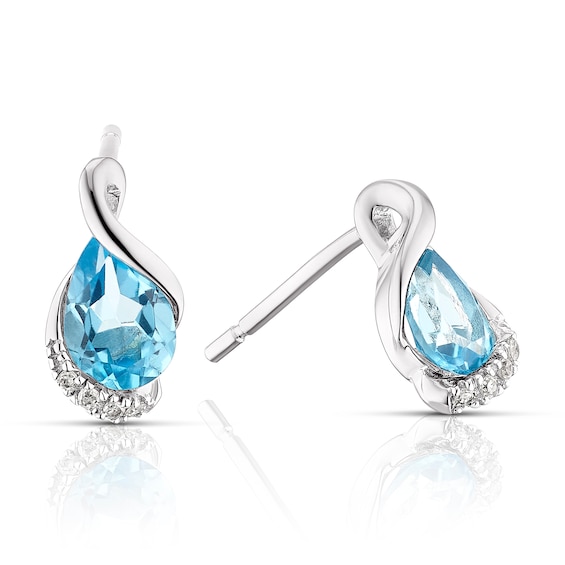 9ct White Gold Swiss Blue Topaz & Diamond Swirl Earrings