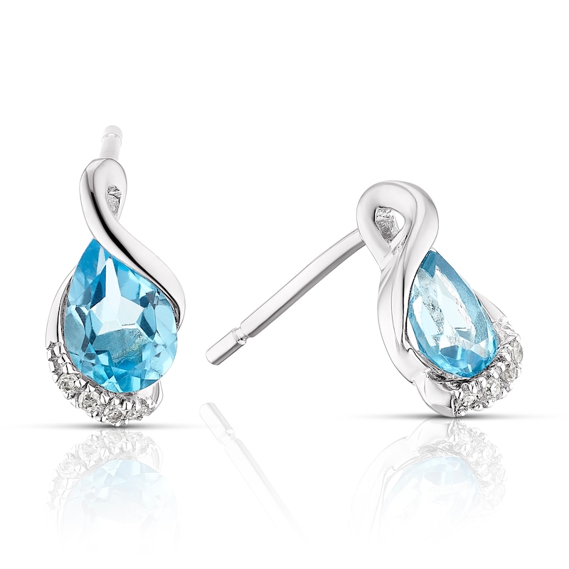 Main Image 1 of 9ct White Gold Swiss Blue Topaz & Diamond Swirl Earrings