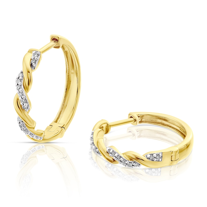 9ct Yellow Gold 0.10ct Diamond Twist Hoop Earrings | Ernest Jones
