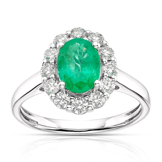 18ct White Gold Emerald 0.50ct Diamond Cluster Ring