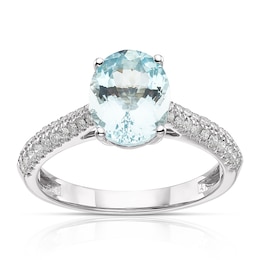 9ct White Gold Aquamarine 0.25ct Diamond Oval Cut Ring