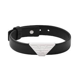 Emporio Armani Men's Black Leather & Steel Logo Bracelet