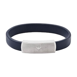 Emporio Armani Men's Blue Leather & Steel Logo Bracelet