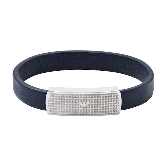 Emporio Armani Men’s Blue Leather & Steel Logo Bracelet