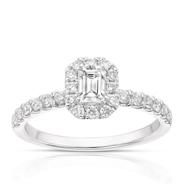 18ct White Gold 0.75ct Total Diamond Emerald Halo Ring