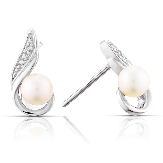 9ct White Gold Pearl & Diamond Swirl Stud Earrings