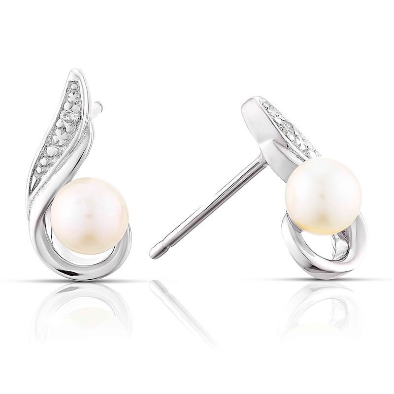 9ct White Gold Pearl & Diamond Swirl Stud Earrings