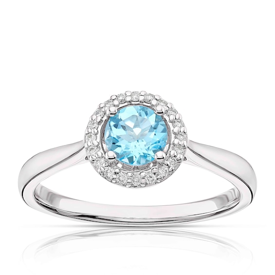 9ct White Gold Blue Topaz and Diamond Halo Ring