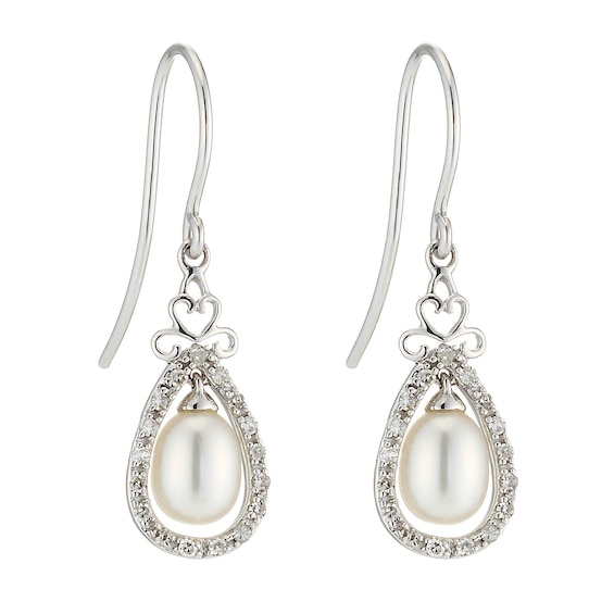 9ct White Gold Cultured Freshwater Pearl & Diamond Earrings