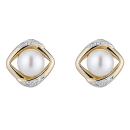 9ct Gold Cultured Freshwater Pearl & Diamond Square Earrings