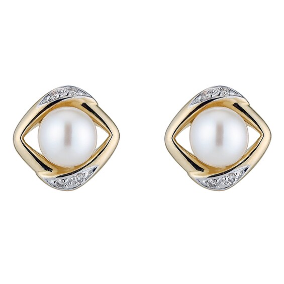 9ct Gold Cultured Freshwater Pearl and Diamond Square Earrings
