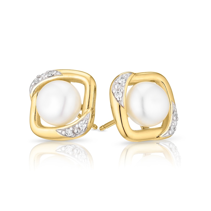 9ct Gold Cultured Freshwater Pearl & Diamond Square Earrings
