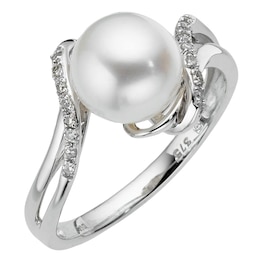 9ct White Gold Cultured Freshwater Pearl & Diamond Ring