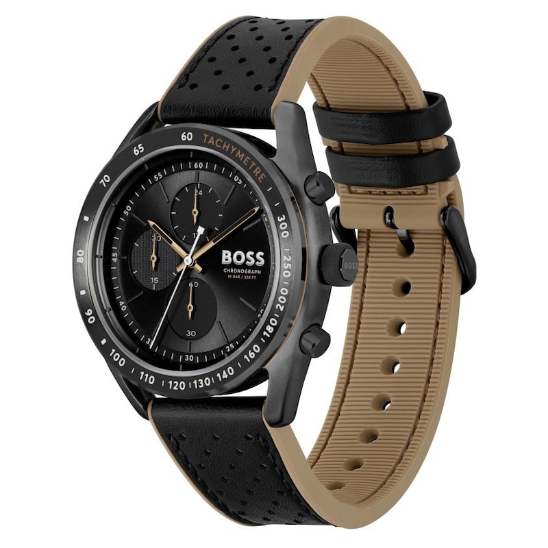 BOSS Center Court Men's Black Leather Strap Watch