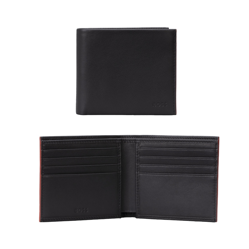 BOSS Embossed Logo Red Edge & Matte Black Leather Wallet | Ernest Jones