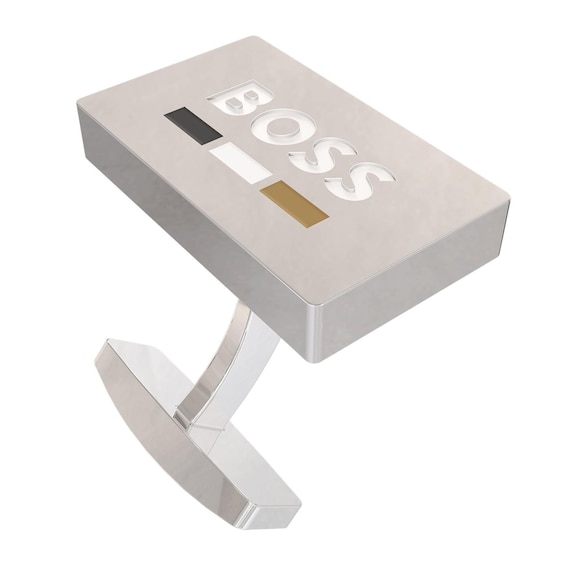 Men's Boss Silver Tone Enamel Engraved Logo Rectangular Cufflinks