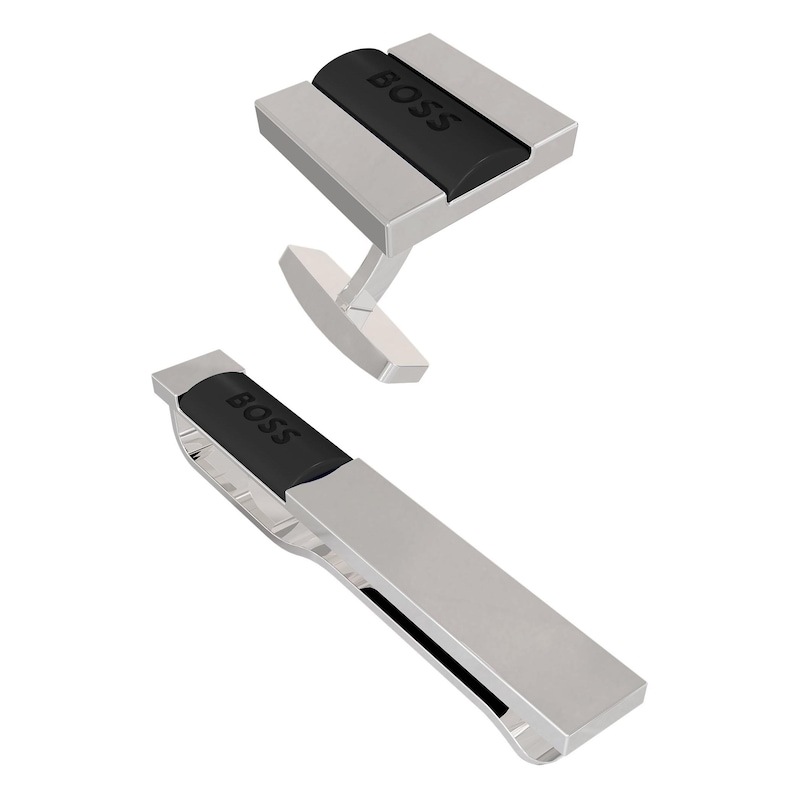 BOSS Men's Silver Tone Black Enamel Logo Tie Clip & Cufflinks Set