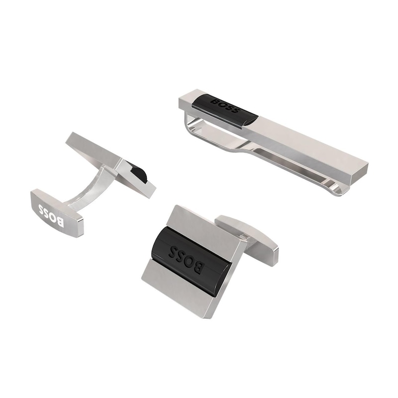 BOSS Men's Silver Tone Black Enamel Logo Tie Clip & Cufflinks Set