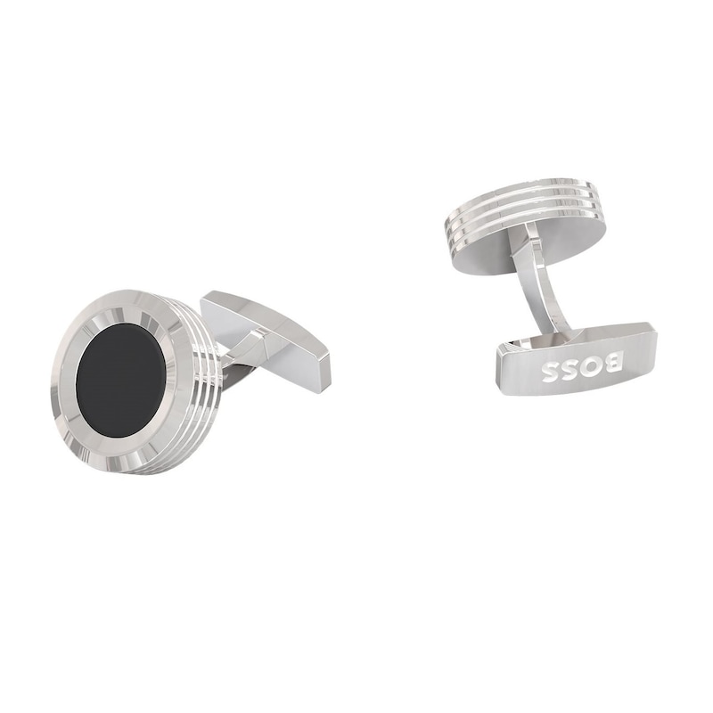 BOSS Men's Silver Tone Black Enamel Round Cufflinks