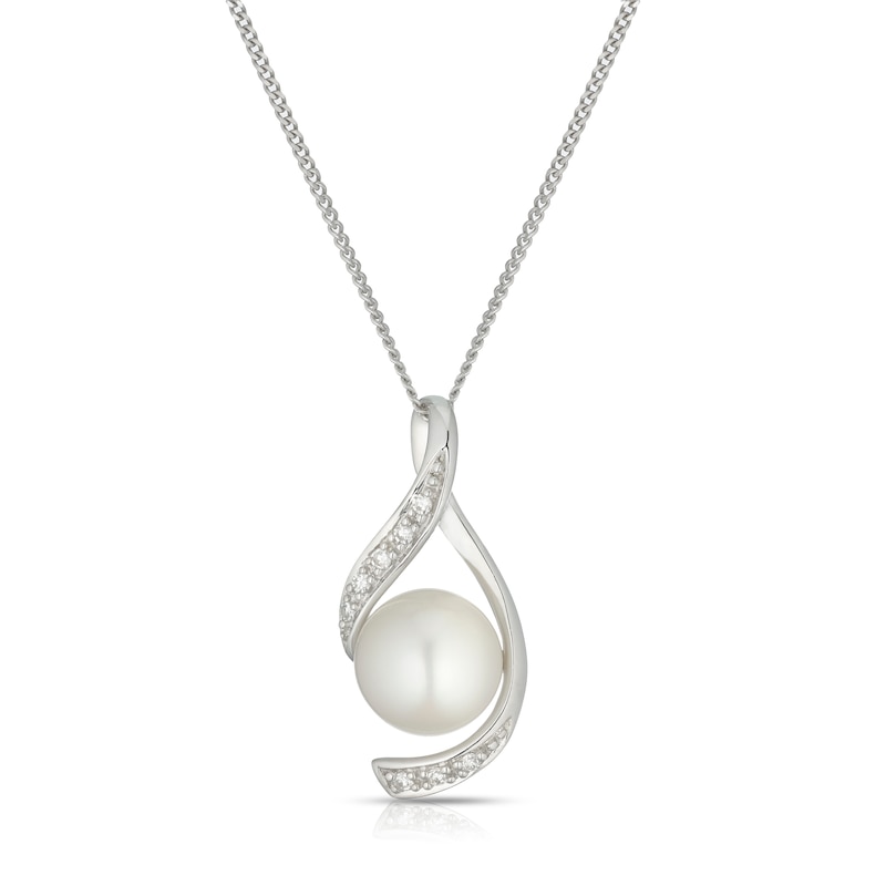 Main Image 1 of 9ct White Gold Cultured Freshwater Pearl & Diamond Twisted Pendant
