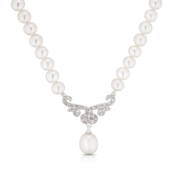 9ct White Gold Cultured Freshwater Pearl and Diamond Necklace