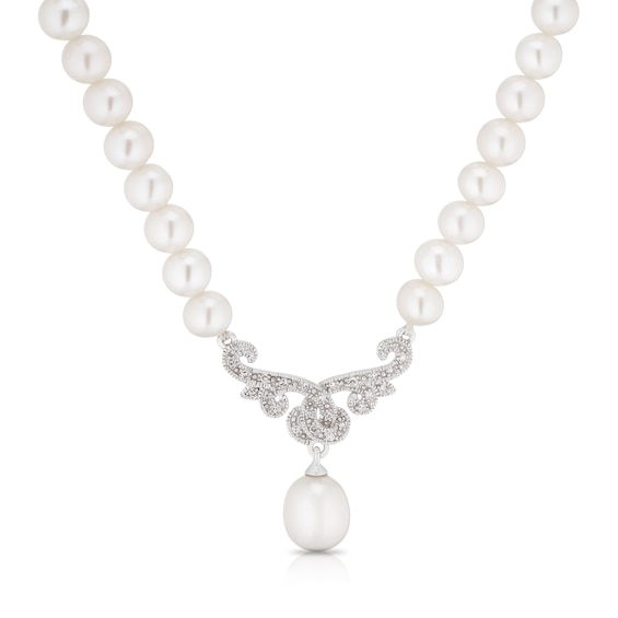 9ct White Gold Cultured Freshwater Pearl & Diamond Necklace