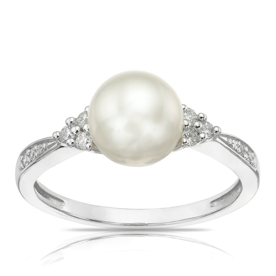 9ct White Gold Cultured Freshwater Pearl 0.11ct Diamond Ring