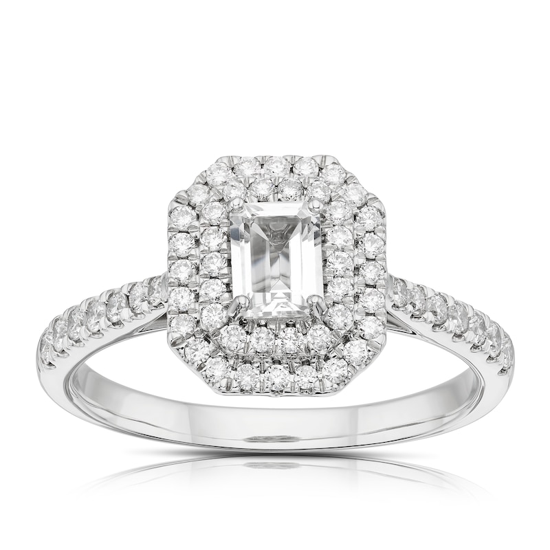 Origin Platinum 0.75ct Total Diamond Emerald Cut Double Halo Ring