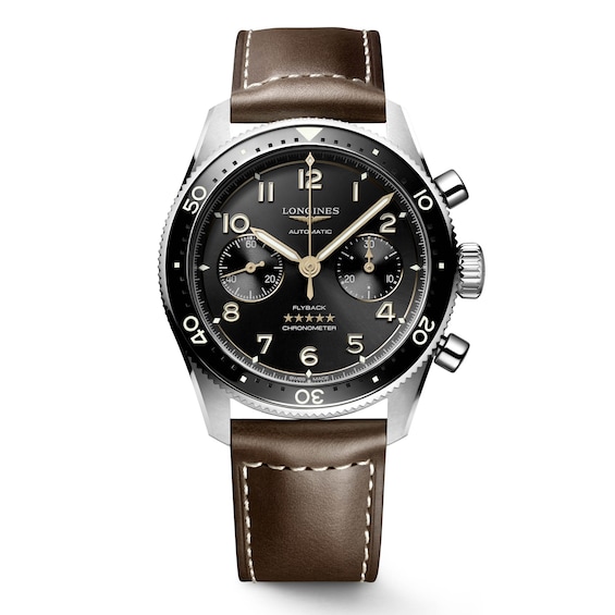 Men's Longines Spirit Flyback Brown Leather Strap Watch