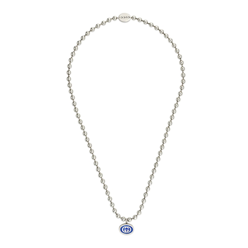 Gucci Interlocking Sterling Silver Blue Enamel Boule Chain Pendant Necklace