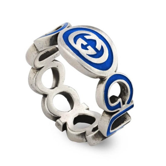 Gucci Interlocking G Sterling Silver Blue Enamel Ring