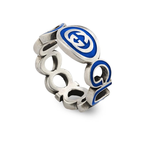 Gucci Interlocking G Sterling Silver Green Enamel Unisex Ring (Sizes S-T)