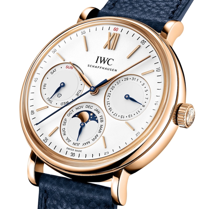 IWC Portofino Perpetual Calendar 18ct Rose Gold & Blue Leather Strap Watch