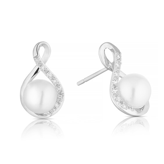 9ct White Gold Cultured Freshwater Pearl and Diamond Twisted Earrings