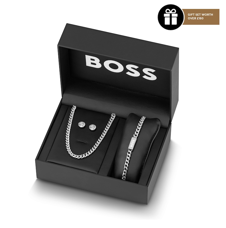 BOSS Men's Logo Chain Necklace, Bracelet & Stud Earring Set