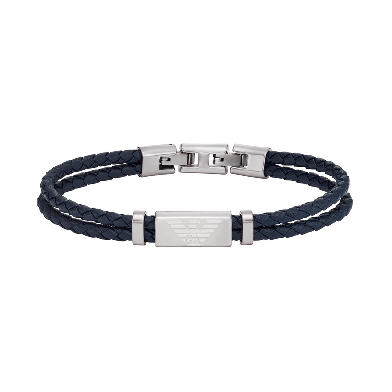 Emporio Armani Men's Black Leather 7 Inch Woven ID Bracelet