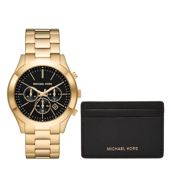 Michael Kors Slim Runway Gold Tone Watch & Card Holder Set